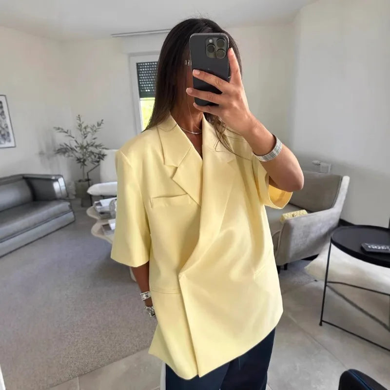 Damen Lockerer Blazer-Anzug Einfarbig Lässiger Umlegekragen Einknopf-Mantel Hochgeschnittene Shorts 2026 Sommer Herbst Formelle Neue Outfits