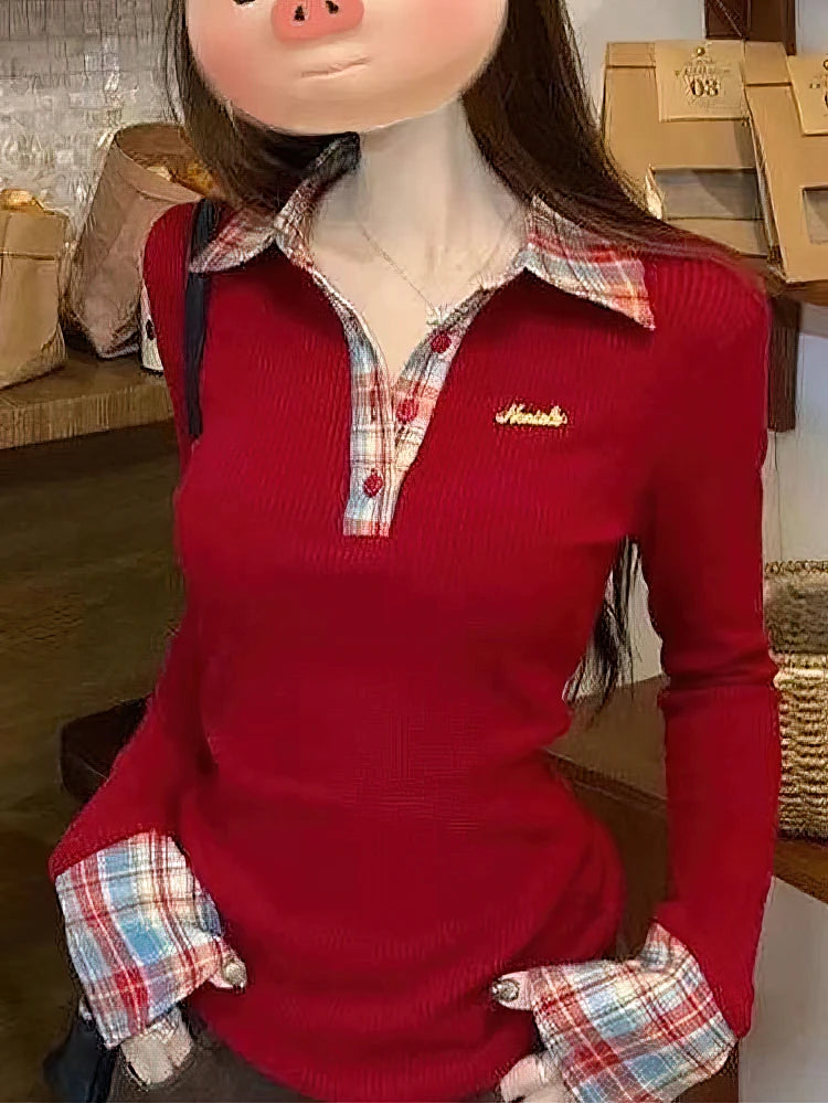 Preppy Polokragen Kariertes Langarm-Layered-T-Shirt für Damen, Fake Zweiteiler Basic Top mit V-Ausschnitt, Knopfbluse, Besticktes Oberteil