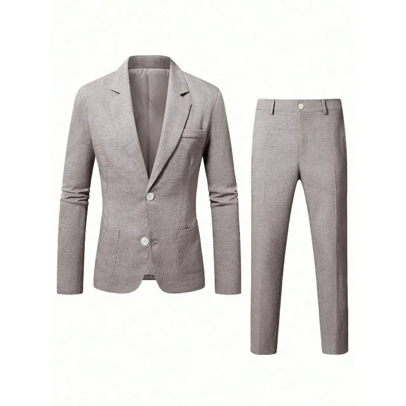 KIDWHXR Herren 2-teiliges Hochzeits-Set Koreanischer Einfarbiger Einreihiger Blazer mit Taschen Gerade Geschnittene Hose Schlanker Casual Anzug Outfit