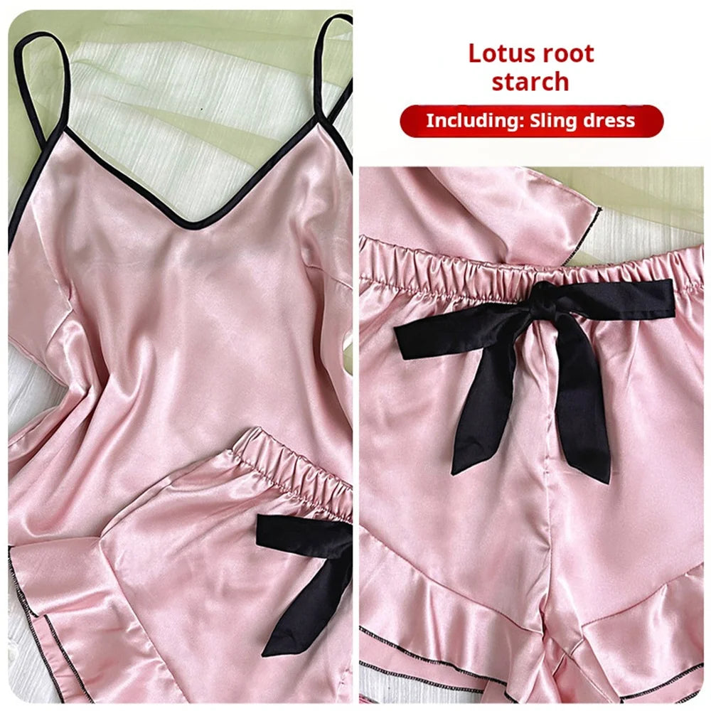 Damen-Pyjama aus glattem Satin, V-Ausschnitt, T-Shirt, gerüschte Kanten und Schleifen-Shorts, einfaches und atmungsaktives Pyjama-Set, Sling-Home-Kleidung