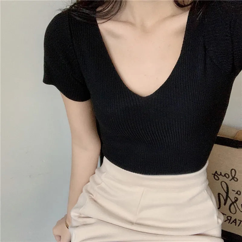Sommer Frauen Gestrickte T-Shirts Kurzarm Shirts Pullover Tops Weibliche Elastische Dünne Beiläufige Stricken T Crop Tops frauen T-Shirts