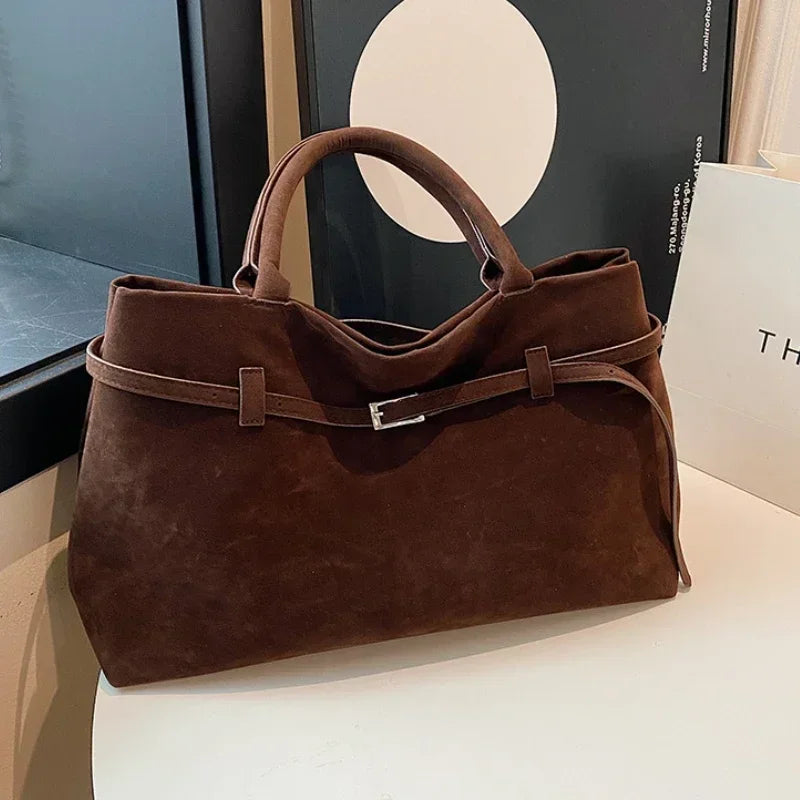 Damentasche mit Schnalle, dekoratives Design, solide Einkaufstasche aus Wildlederimitat, große Kapazität, Haspe, lässige Tragetasche, 2025, heißer Verkauf, Taschen für Damen