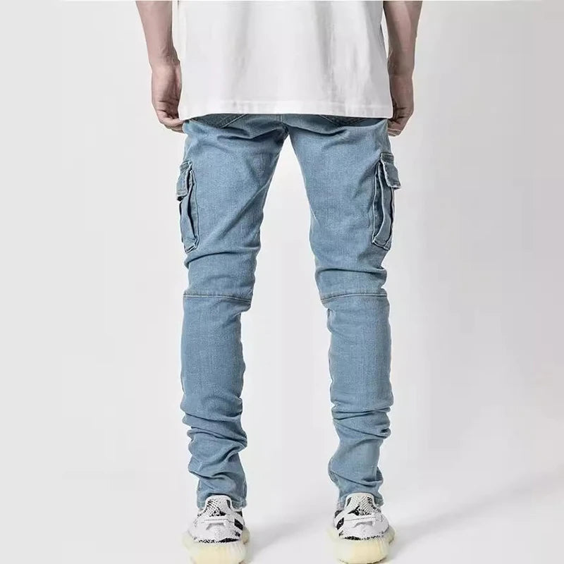 Stilvolle Flut Marke Männer Cargo Schmale Bein Denim Hosen Elastische Slim Fit Jeans Einfarbig Multi Taschen Beiläufige Dünne Männliche Hosen