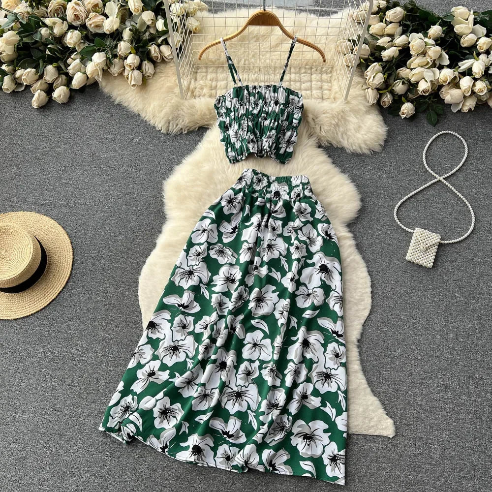 2026 Urlaubs-Blumendruck, zweiteilige Anzüge, Reißverschluss-Design, schmales Tank-Top + A-Linie, langer Rock, Vintage-Böhmische Strand-Sets