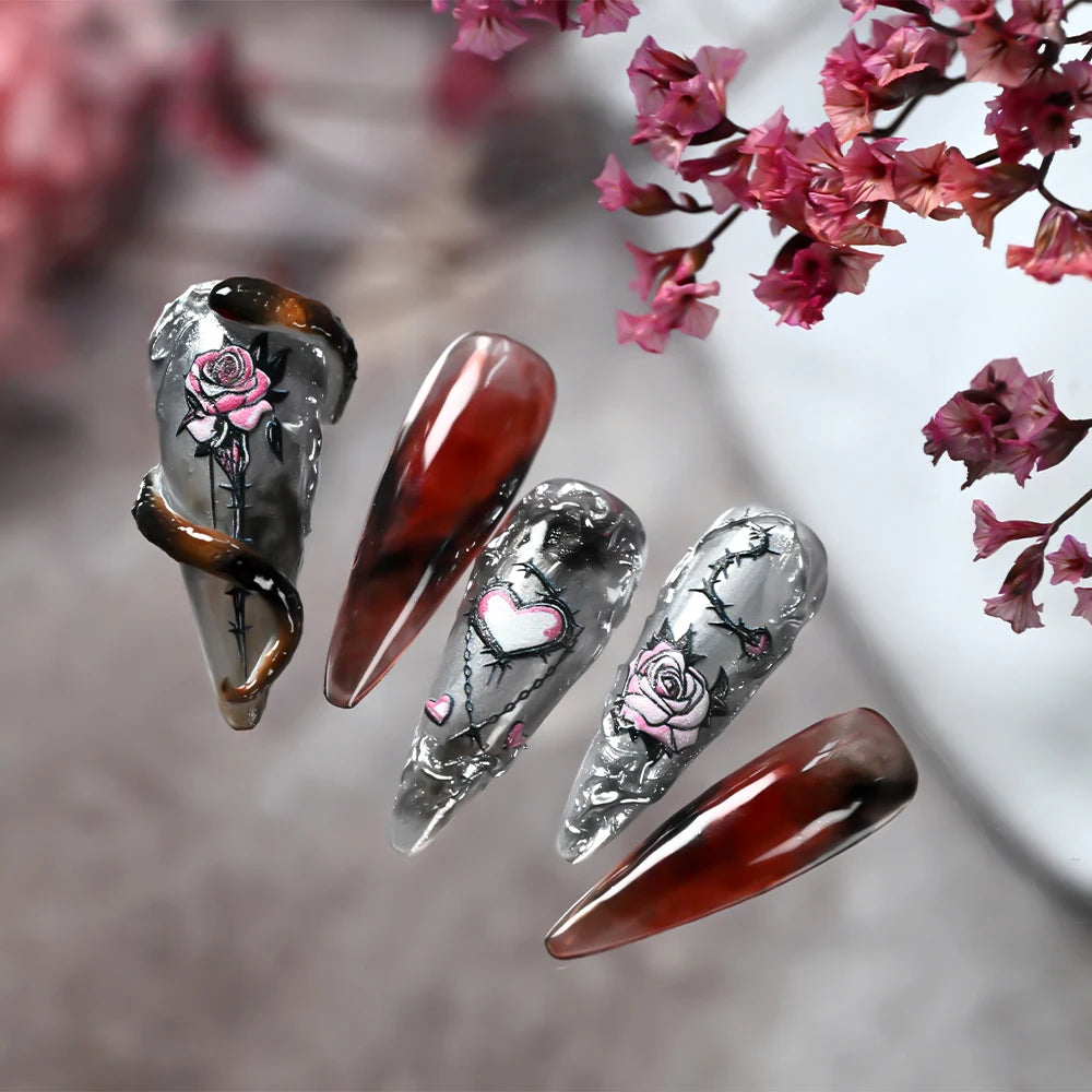 1 Stück Dunkle Sexy 5D Geprägte Dornen-Rosen-Nagelaufkleber Selbstklebende Gotische Rosa Rosen-Herz-Liebe Nagelsticker Y2K Punk Maniküre-Deko