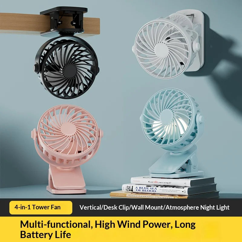 Leiser Mini-Clip-Ventilator, 720° drehbarer Kopf, USB-Aufladung, Nachtlampe, tragbarer Kühlventilator für Büro, Zuhause, Camping, Outdoor