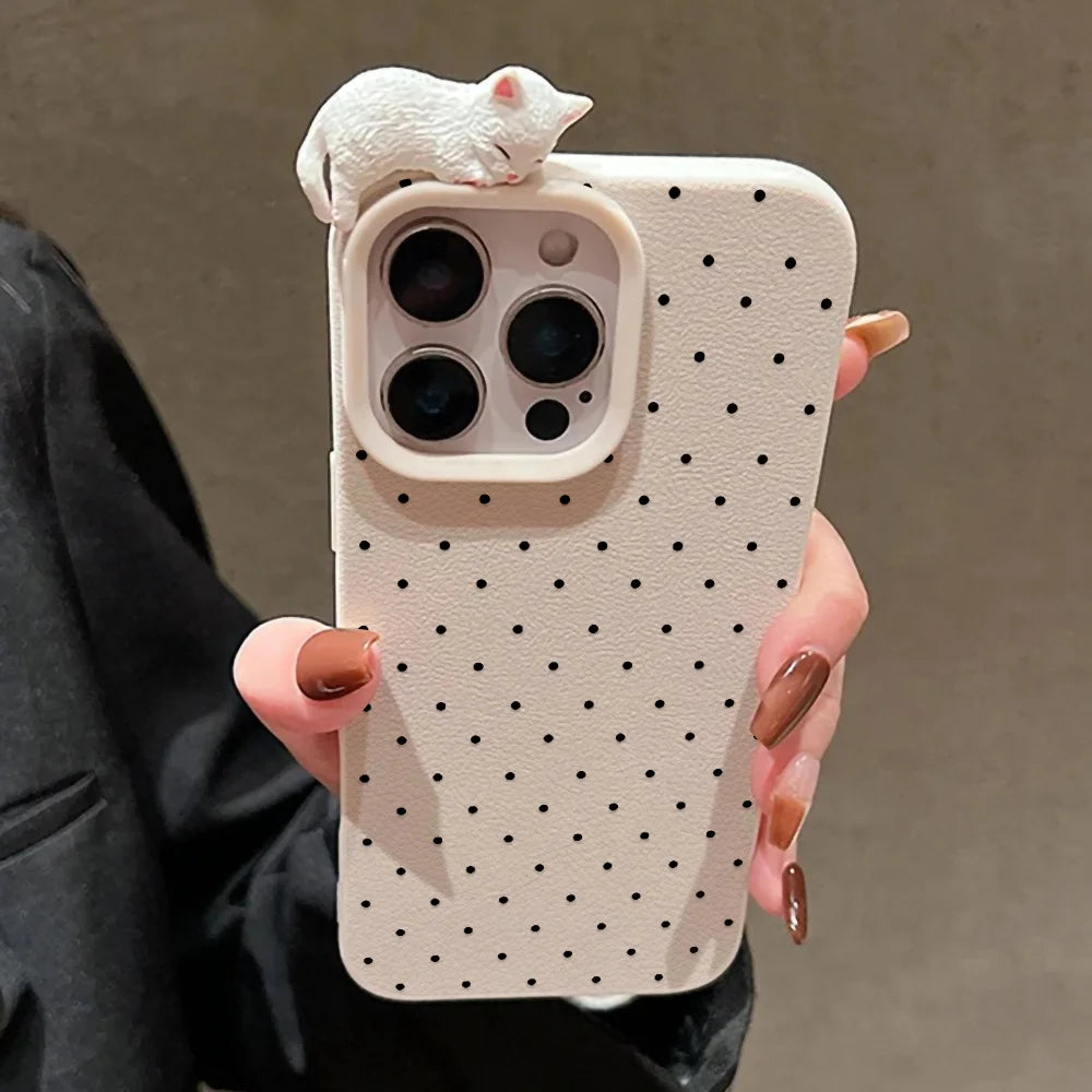 3D süße Katze Leder Dot Hülle für iPhone 17 11 15 16 12 13 14 Pro Max 16 15 Plus 17 Air iPhone 17 17 schöne stoßfeste Abdeckung Funda