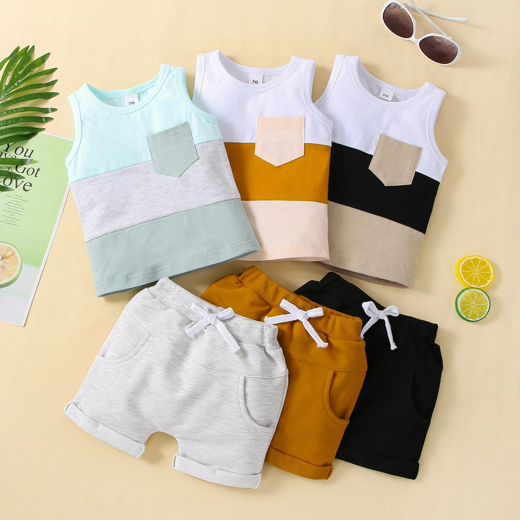 Infant Baby Jungen 2PCS Hosen Anzug, Sleeveless Patchwork Crew Tank Tees + Weiß Straps Kurze Hosen, kleinkind Jungen Casual Outfit
