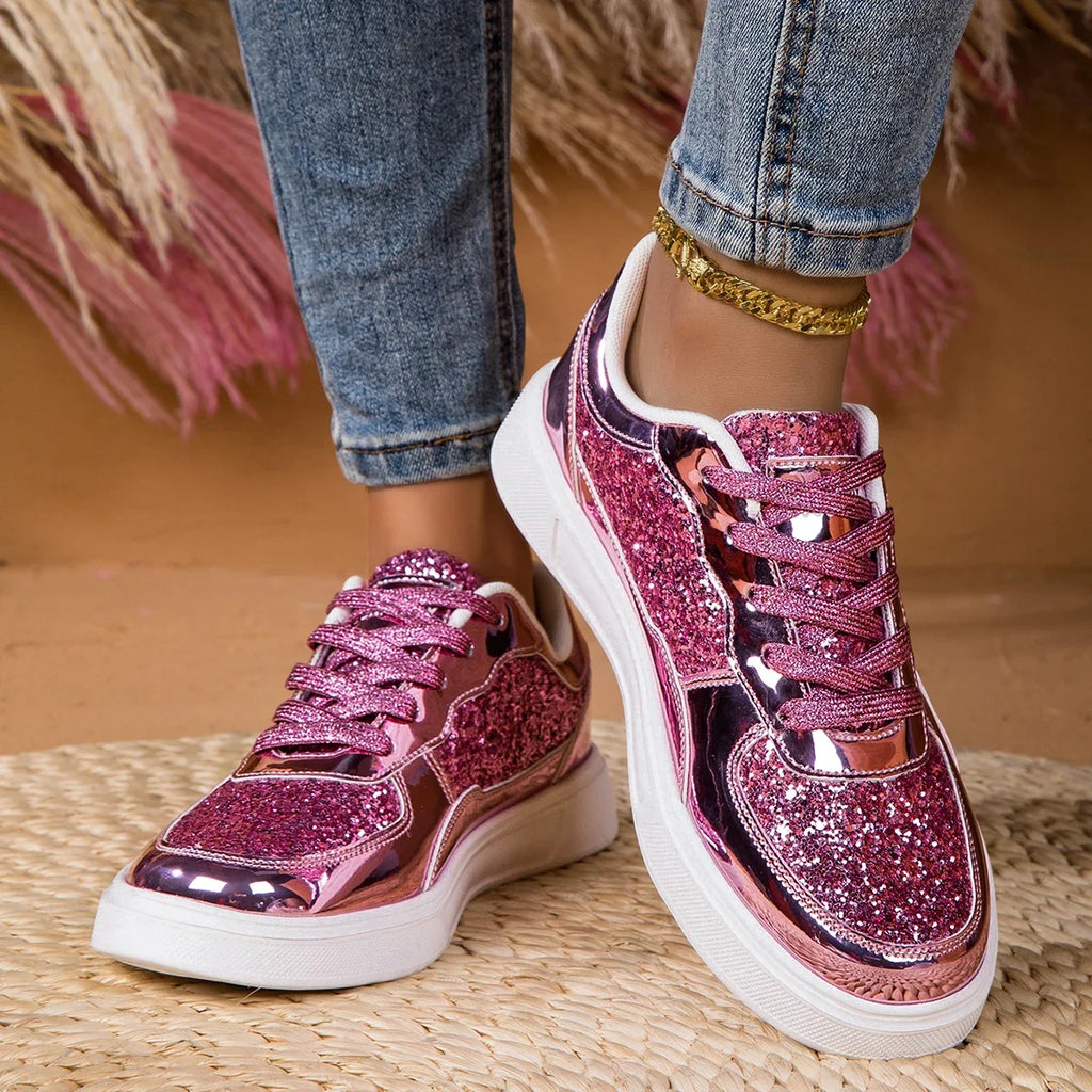 DJSUNNYMIX Modische Sneakers für Damen Trendige Plateau-Schnürschuhe mit Strass Lässige Designer-Schuhe Glänzende Damenschuhe