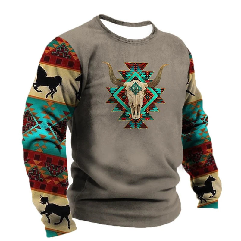 Vintage Ethnic Style Graphic Sweatshirts Spring Autumn Fashion Casual Long Sleeve 3D Printed Tops Loose Streetwear Mens Clothing