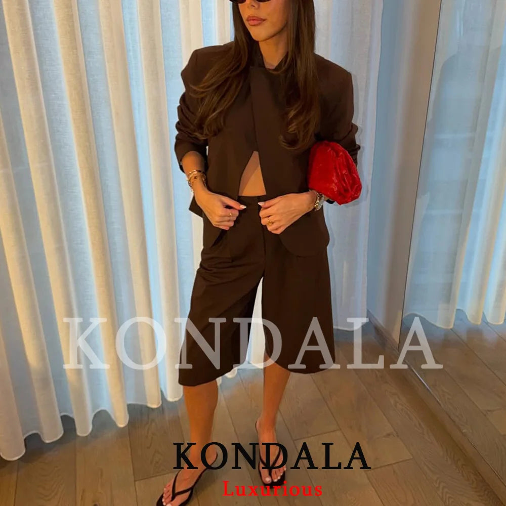 KONDALA Damen Büro-Outfit Lässiger Schicker Brauner Blazer Anzug Langarm-Blazer mit Reißverschluss Halbe Hose Modischer Frühling-Sommer-Anzug 2026