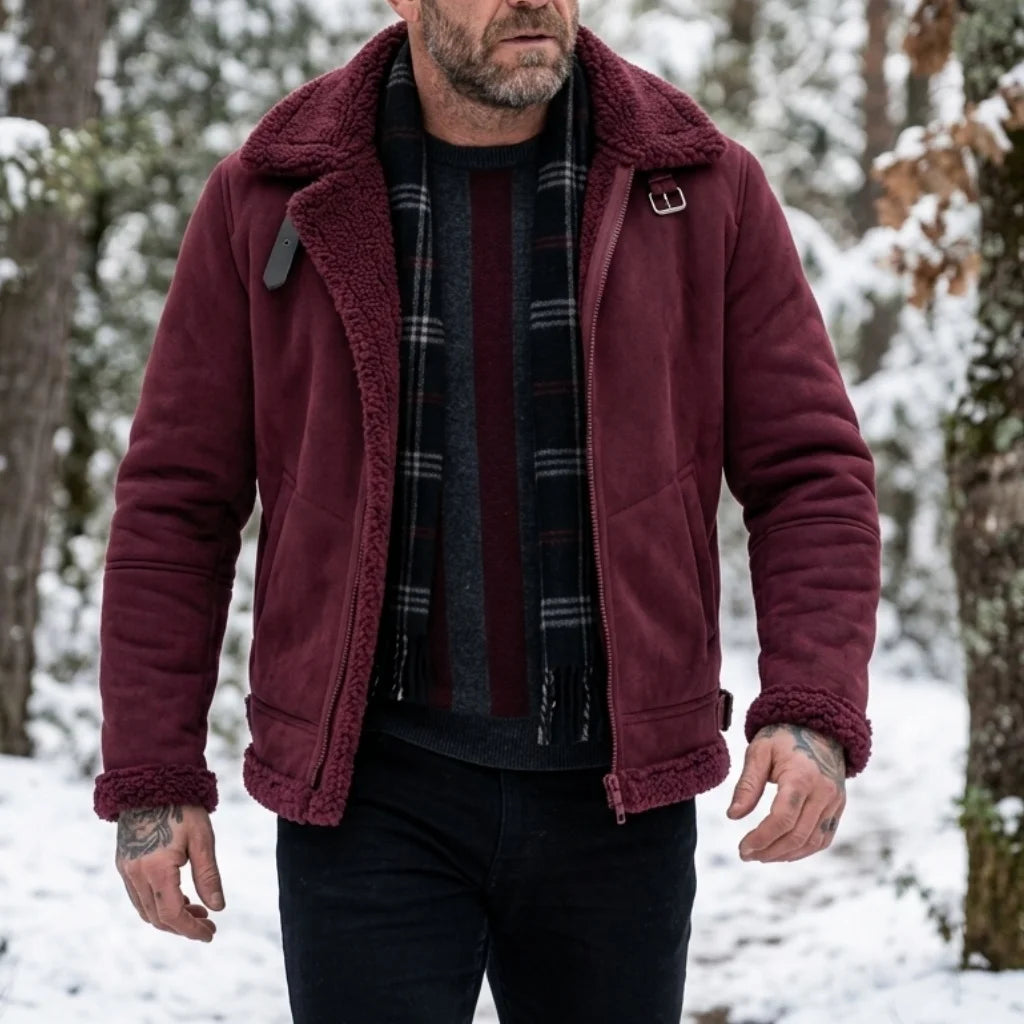 Herren-Winterjacke aus Kunstwildleder mit Fellkragen |   Winddichter Streetwear-Mantel mit Gürtel und Reißverschluss |   Dicke, warme Wanderkleidung für den Außenbereich, weich, für Herren