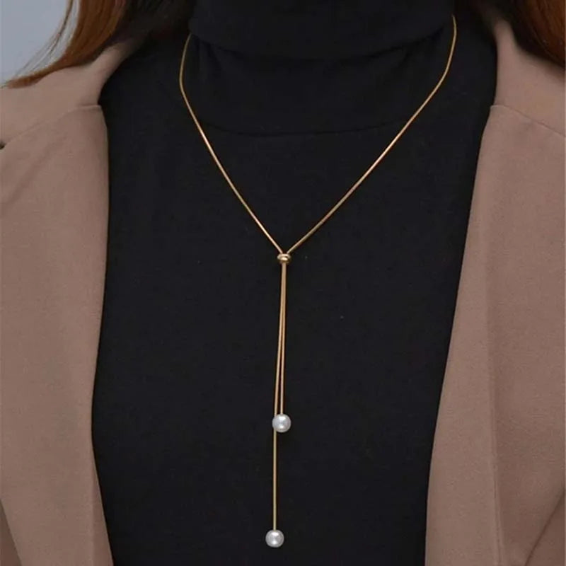 Mode Silber Farbe Lange Quaste Pull Perle Anhänger Halsketten für Frauen Einfache Einstellbare Schlüsselbein Kette Choker Schmuck Geschenk