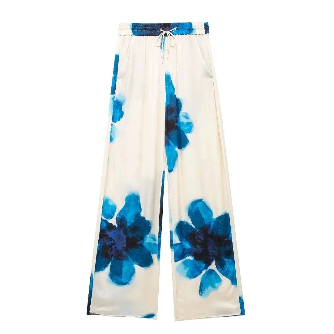 HH 2024 Sommer Weibliche Elegante Blumen Druck 2 Stück Anzug Lange Ärmel Revers Bluse + Kordelzug Breite Bein Hosen kausalen Outfit