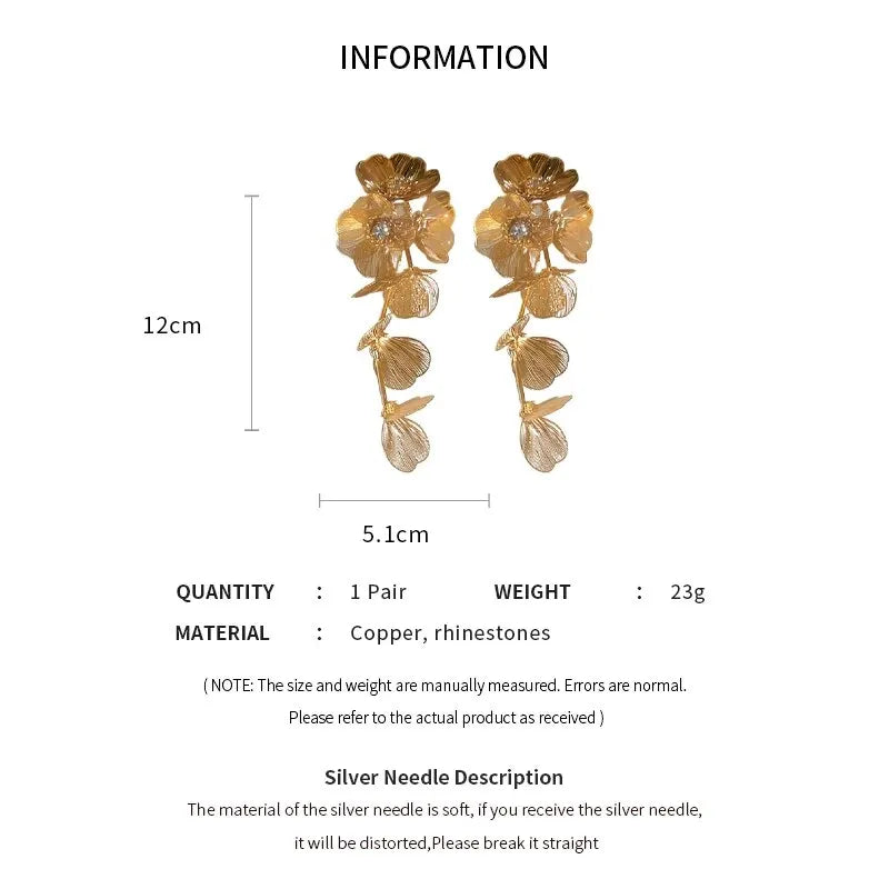 Vintage Goldfarbene Große Blumen-Ohrhänger für Damen Klassische Kristall-Metall Lange Ohrringe Statement Bohemian Ohrschmuck Geschenke K0