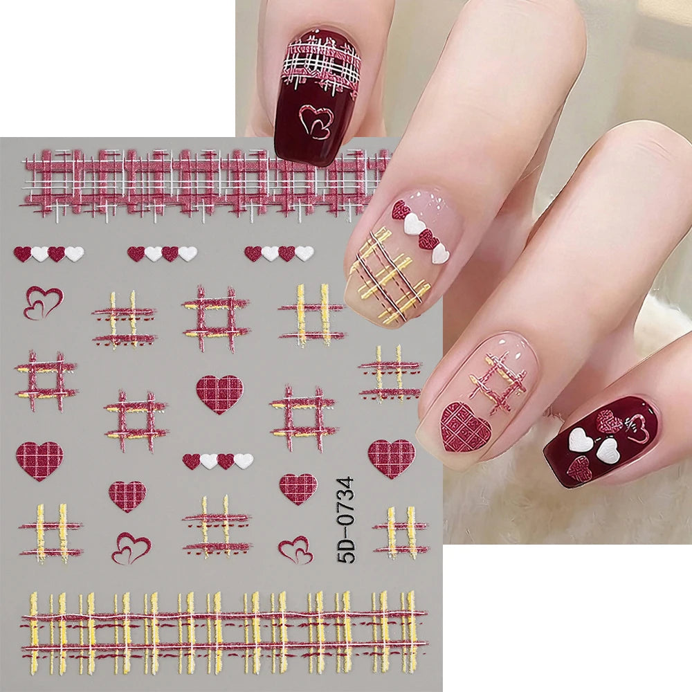 1 Stück 5D Süße Herz-Karo-Präge-Nagelkunst-Sticker, karierte Liebesherzen im koreanischen Stil, französische Nagel-Abziehbilder, Maniküre-Dekorationen