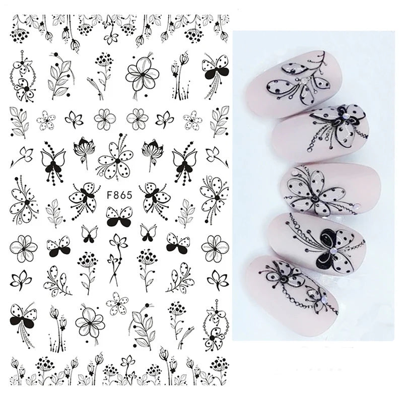 1PCS Schwarz Weiß Schmetterling Laser Nagel Aufkleber Y2K Nail art Dekoration Abstrakte Linien Bronzing Blumen Aufkleber Für Nägel