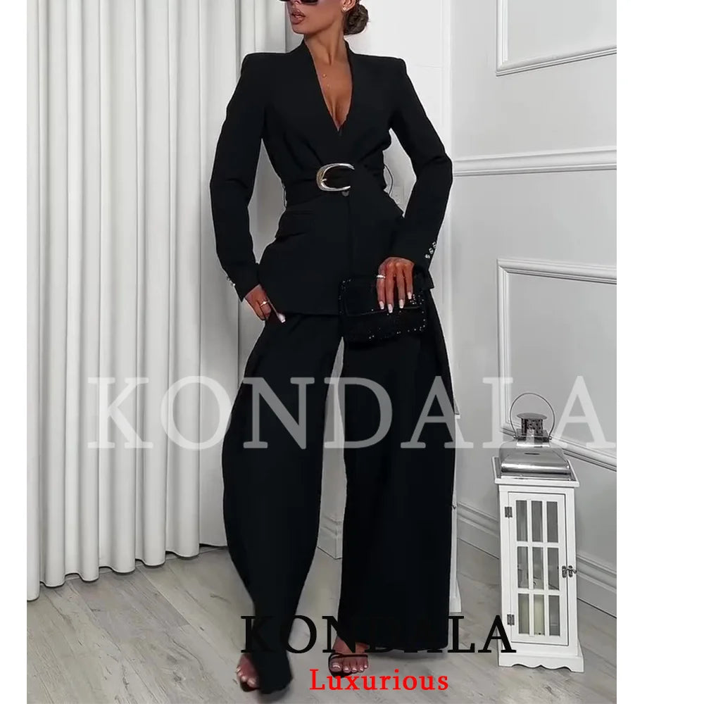 KONDALA Vintage Büro-Damenanzug Schwarz Einfarbig V-Ausschnitt Gürtel Taschen Blazer Lose Reißverschluss-Hose Mode 2026 Lässige Damen-Sets