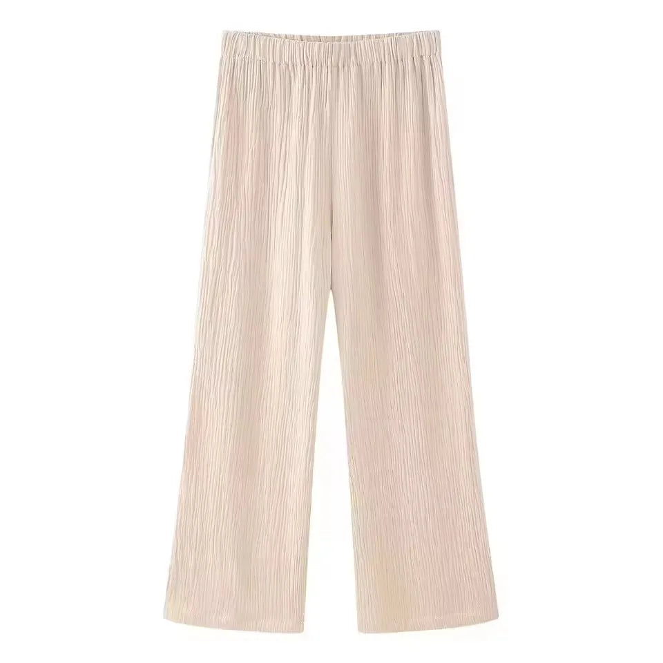 HH Damen Elegantes Einfarbiges 2-Teiliges Outfit O-Ausschnitt Schnürung Langarm-Bluse & Weite Hosen Set Lässiger Frühlingsanzug