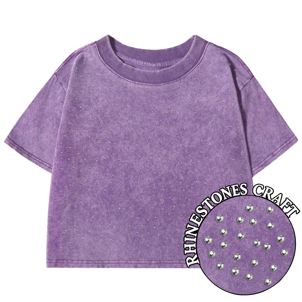 Einfarbiges Slim-Fit T-Shirt für Damen, Modisches Weiches Baumwoll-Shirt mit Strass-Verzierung, Kurzarm, Coole Kleidung für Frauen