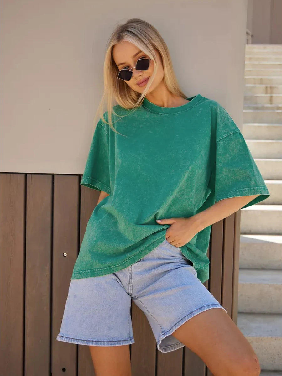 Mode Frauen Baumwolle Solide Gewaschen T-shirts Lose Oansatz T-shirts Straße Casual Komfortable Kurzarm Tops Weibliche Kleidung