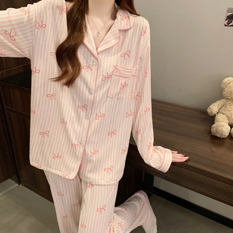Neue frauen Frühling und Herbst Pyjamas Homewear Set Faltiges Tuch Süße Mädchen Studenten Langarm Casual Pyjamas Homewear set