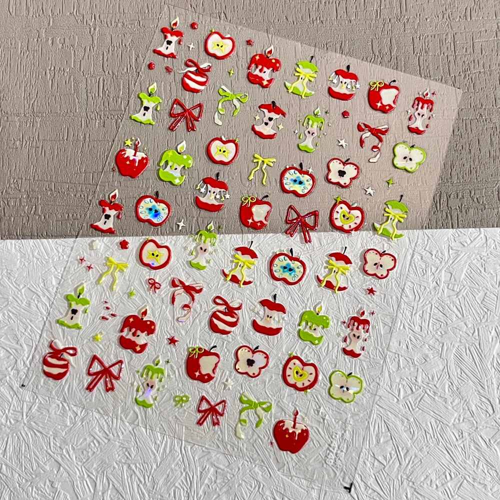 1 Blatt Muschel-Glühen-Kerzenförmige Apfelkern-Nagelaufkleber, niedliche Apfelschale, Schleife, Krawatte, selbstklebende Nagelaufkleber, DIY, Weihnachten und *