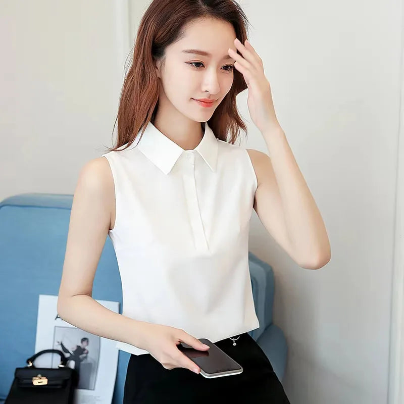 Büro-Arbeitskleidung für Damen Frühling-Sommer-Stil Chiffon-Blusen Hemden Lässige Ärmellose Blusas mit Umlegekragen Tops