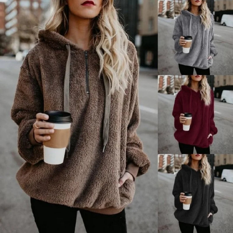 Modischer Trend, langärmelig, mit Kapuze, einfarbig, Damen-Pullover-Mantel