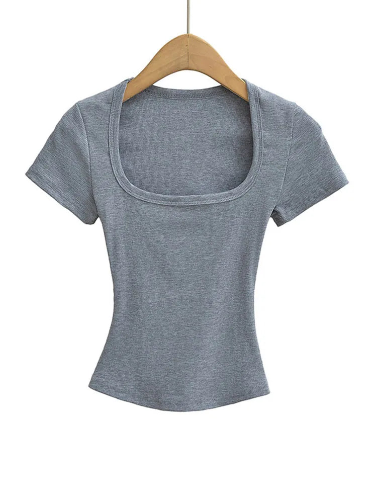 Damen Square Collar Slim Fit Crop Top High Stretch Kurzarm Pullover Sexy Sommerbluse T-Shirt Bottoming