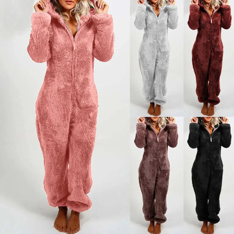 Einteiliger Overall mit Kapuze in Übergröße für Damen, eleganter Overall, volle Länge, verdickt, Herbst, Winter, neu, 2025
