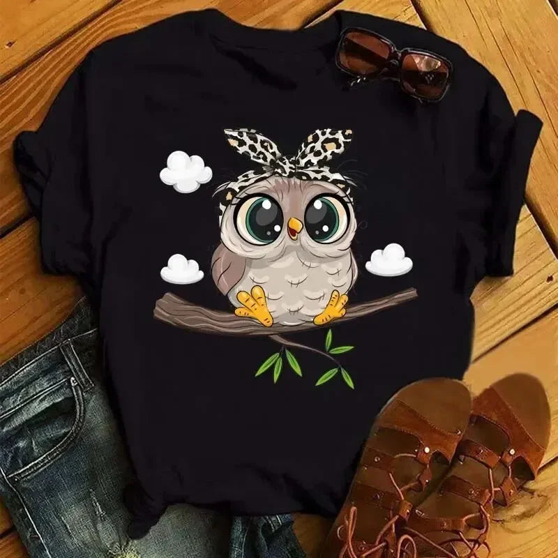 Cartoon Eule Druck T Shirt Frauen Kawaii Grafik Shirts Casual Kurzarm Schwarz Weibliche T Oansatz Harajuku T-shirts