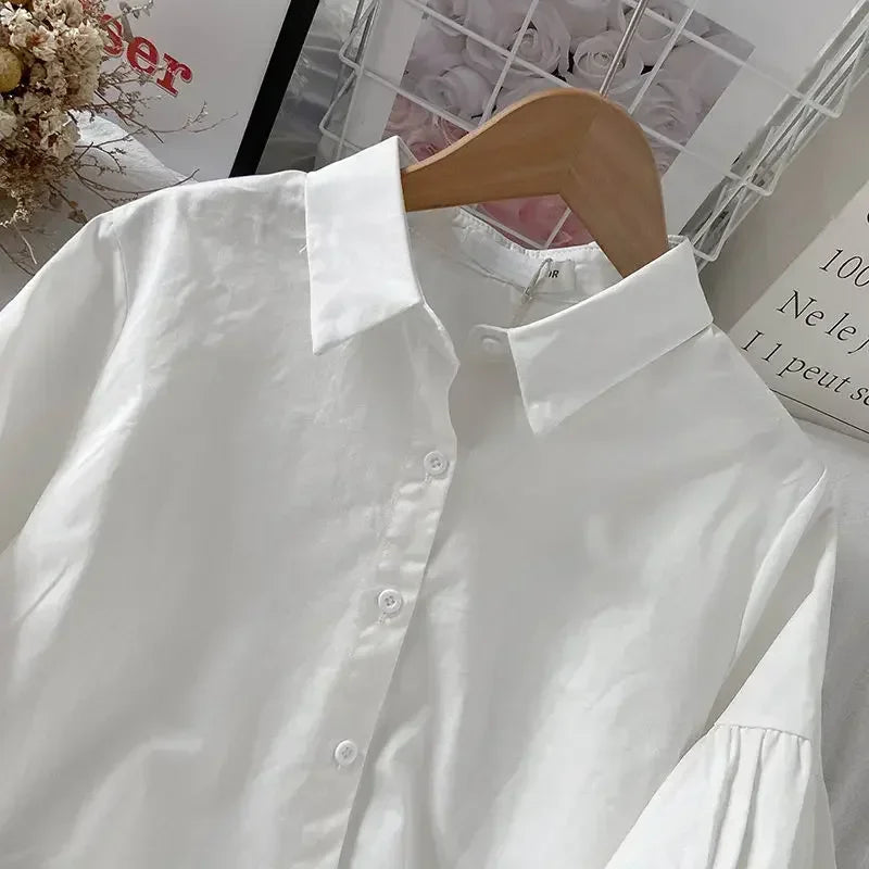 2024 Puff ärmel Hemden Frauen weiß umdrehen Kragen adrette Sinn für Design schicke weibliche Tops koreanische Mode einfache Sommer bluse