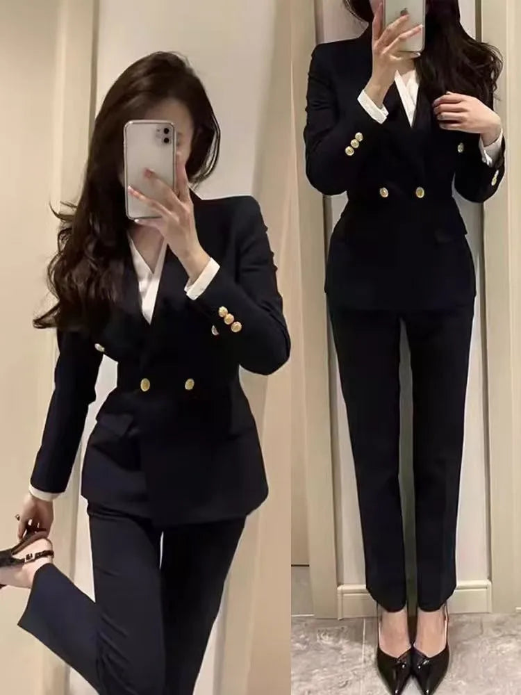 Marineblau-schwarzer modischer Damen-Hosenanzug, langärmliger, einfarbiger Damen-Blazer und Hose, formelles 2-teiliges Set für Herbst und Winter