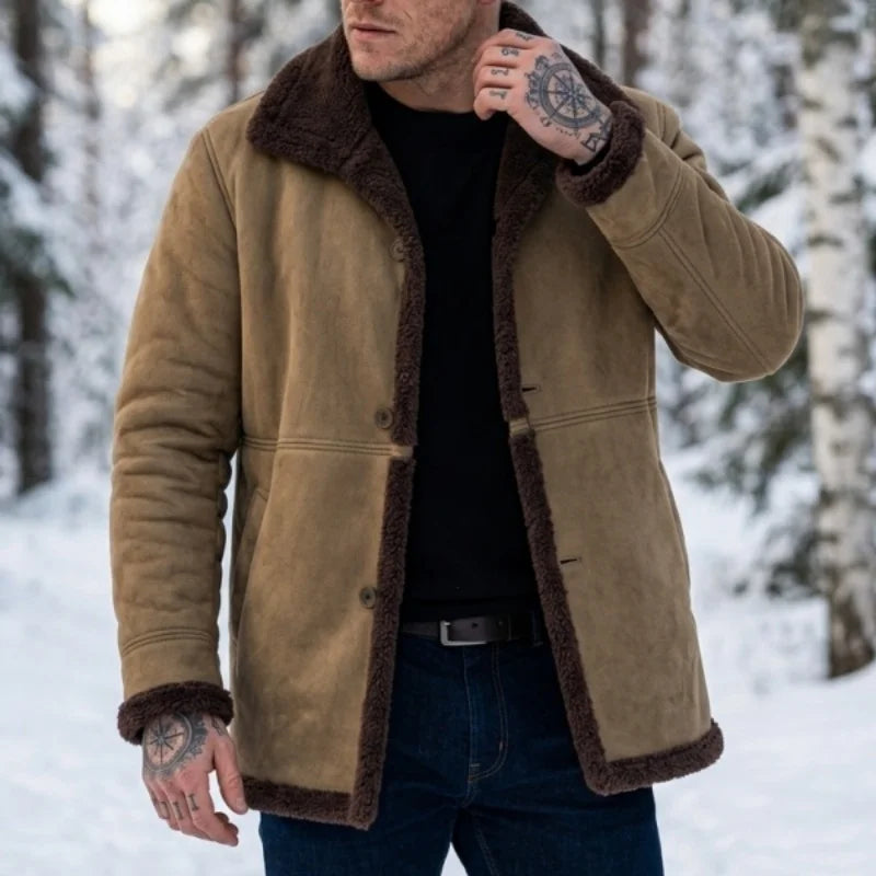Herren-Winterjacke aus Kunstwolle – Outdoor-Arbeitskleidung und Wanderjacke mit Fleecefutter – Warme Jacke aus Kunstwildleder – Winteroberbekleidung für Herren