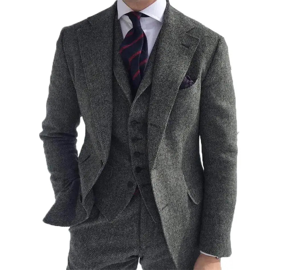 Grauer Woll-Tweed-Winteranzug für Herren, Fischgrätenmuster, schmale Passform, formeller Bräutigam-Smoking, 3-teilige Hochzeitsanzüge für Herren (Jacke + Weste + Hose)