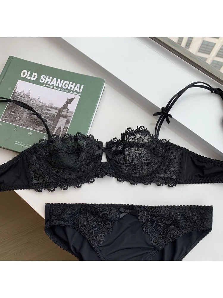 Sexy Spitzen-BH-Set für Damen in Übergröße, halbtransparent, ultradünn, mit Nippelabdeckung, erotische Dessous, Push-up-Komfort-Unterwäsche-Set