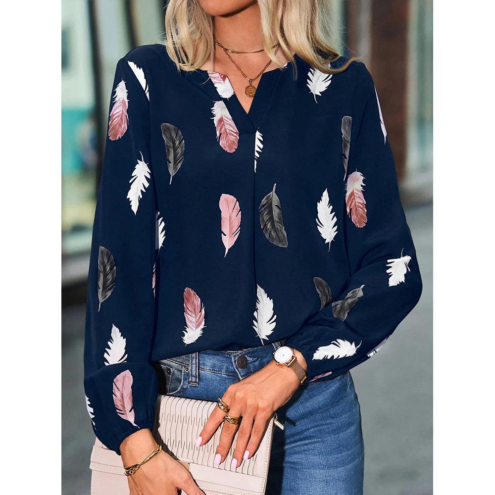 Mode Frau Bluse Shirts Für Frauen Stilvolle Top langarm Feder Muster Weibliche Tops Elegante Chiffon Mujer Frau Kleidung