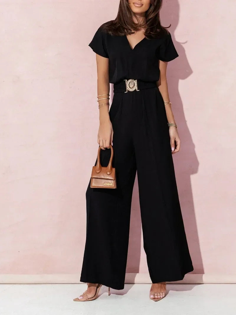 Damen S-2XL Größe Frühling Sommer Damenmode V-Ausschnitt Kurzarm Overall Damen Casual Gürtel Einfarbig Overall