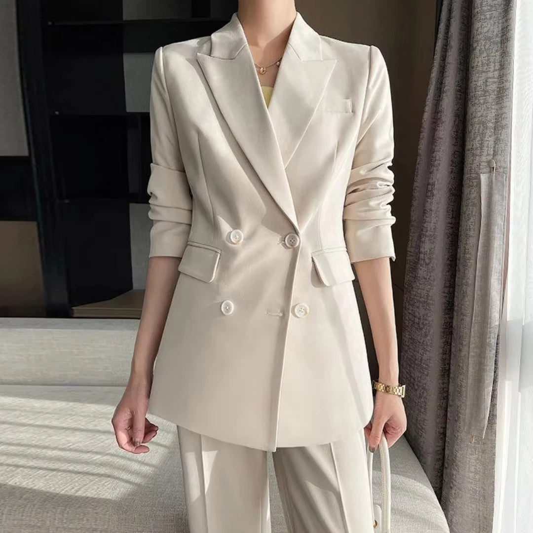 Damenanzug, 2-teilig, weiß, Doppelknopf, mit Revers, einfarbig, für Hochzeit, Bankett, Party, Business, Arbeit, Büro, Set aus Blazer und Hose