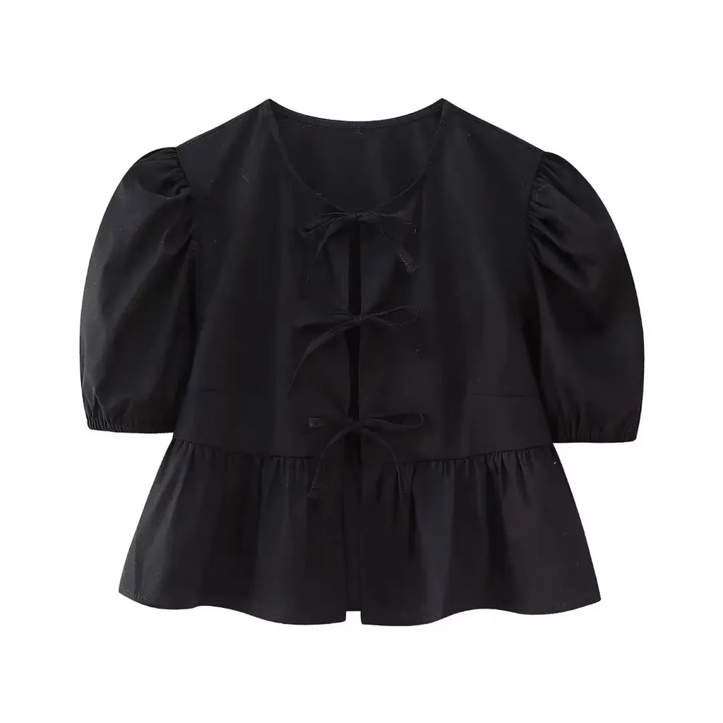 Elegante Damen-Bluse mit Kurzen Puffärmeln und Schleife, Lässiges Mode-Wochenend-Shirt, High-Street-Hemd, Party- und Strand-Oberteil, Schlanker Schnitt