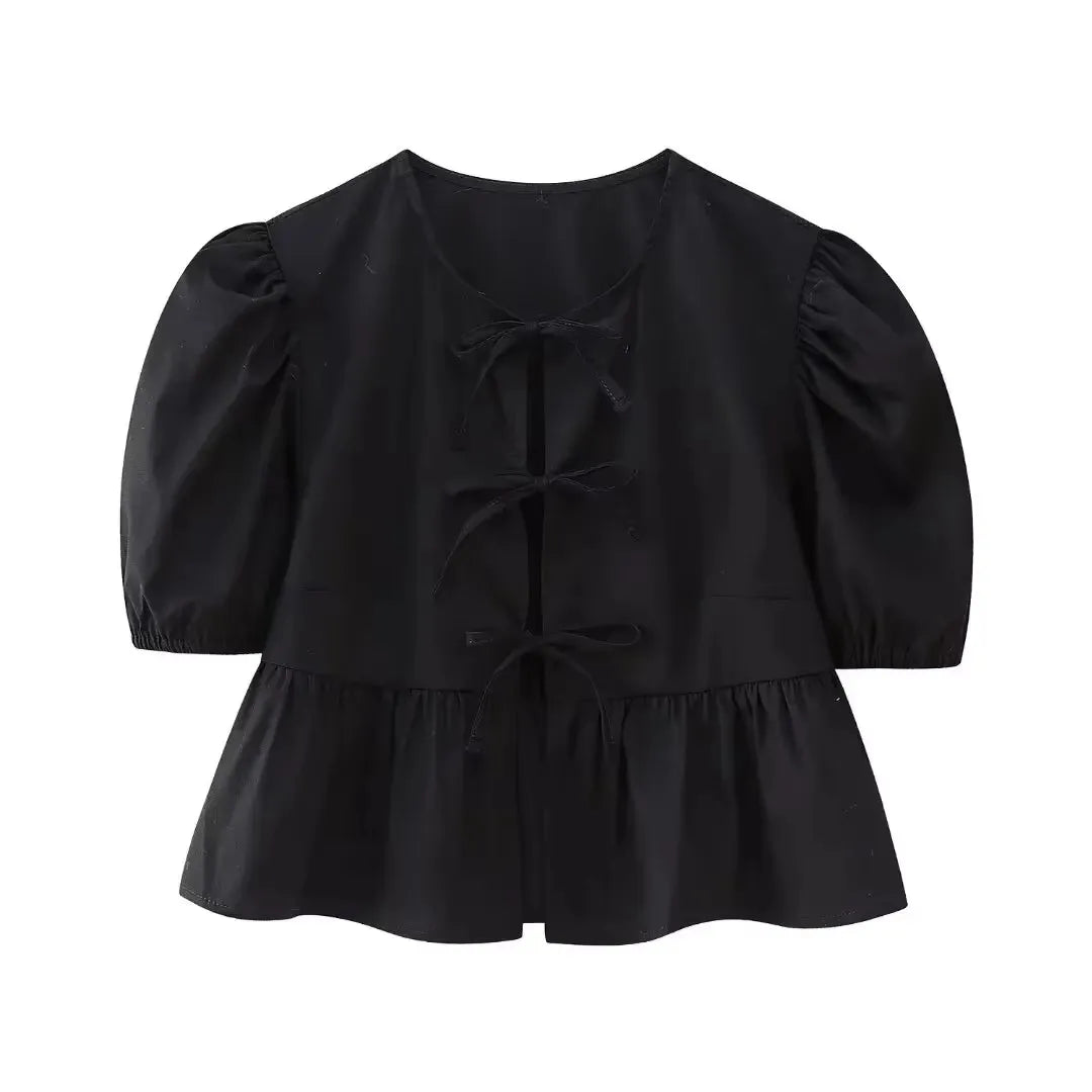 Elegante Damen-Bluse mit Kurzen Puffärmeln und Schleife, Lässiges Mode-Wochenend-Shirt, High-Street-Hemd, Party- und Strand-Oberteil, Schlanker Schnitt