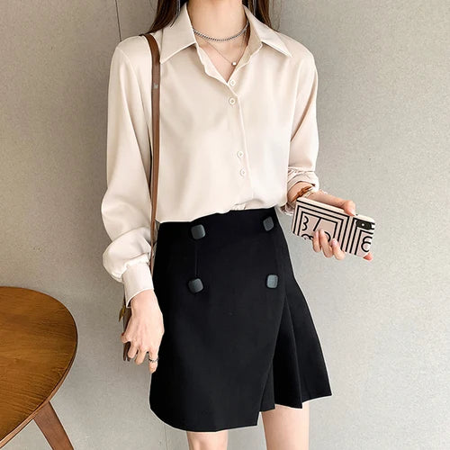 Frauen Shirts Frühling Herbst Casual Chiffon Hemd Büro Dame Mode Weibliche Lange Hülse Lose Feste Bluse Tops S-4XL