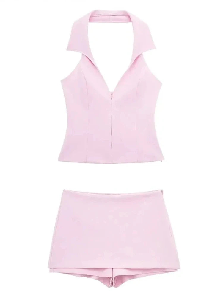 HH 2024 Frauen Sexy Rosa Camis Top Shorts Set Sommer Mode Neckholder Rückenfreies Top + Süße Rosa Kurze Hose dame Anzug