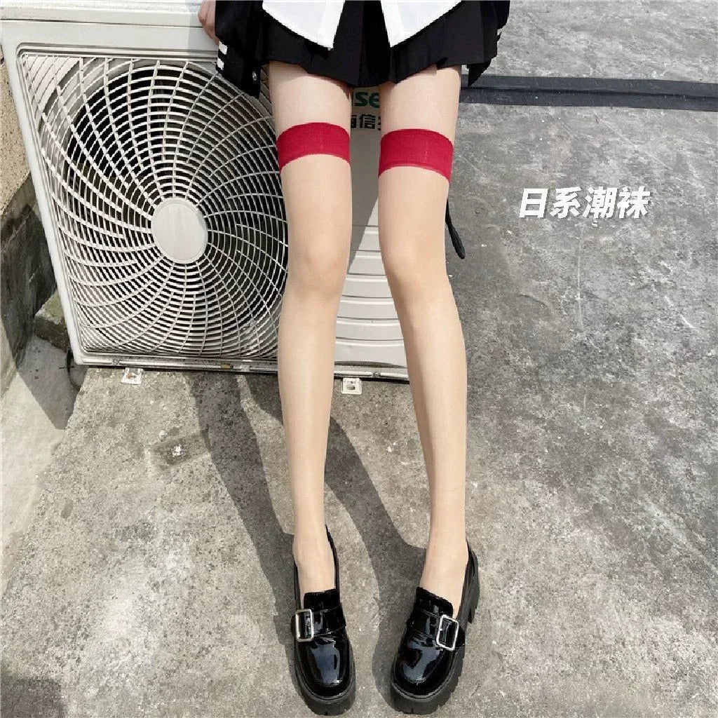 Sexy dünne Spitzenstrümpfe für Damen, einfarbig, schwarze Haut, Oberschenkelhohe lange Socken für Damen und Mädchen, JK Lolita, süßer roter Rand, Knie-Halbstrumpf