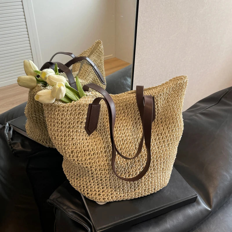 Frauen Umhängetasche Böhmischen Stroh Handtasche Sommer Strand Gewebte Unterarm Tasche Große Casual Gestrickte Tasche Häkeln Einkaufstasche