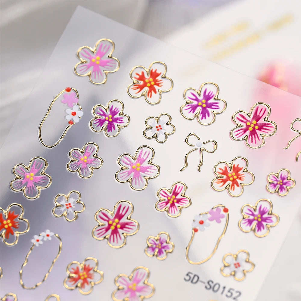 5D Luxus Gold Outline Kirschblüten Nagelaufkleber Chrom-Rahmen Schleife & Blüten Nagelsticker Selbstklebende Nagelschleifer Maniküre DIY
