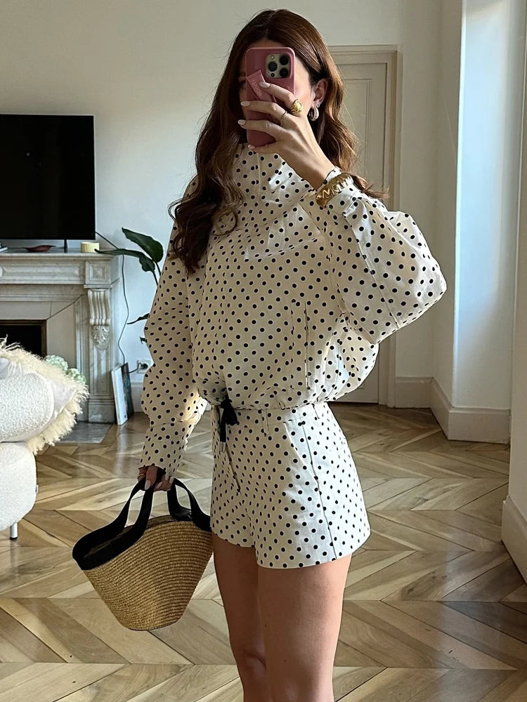HH Elegante Damen-Shorts-Sets mit Polka Dot-Jacken, 2025, Stehkragen, Kordelzug, Jacke + Shorts mit hoher Taille, Damen-Straßen-Outfits