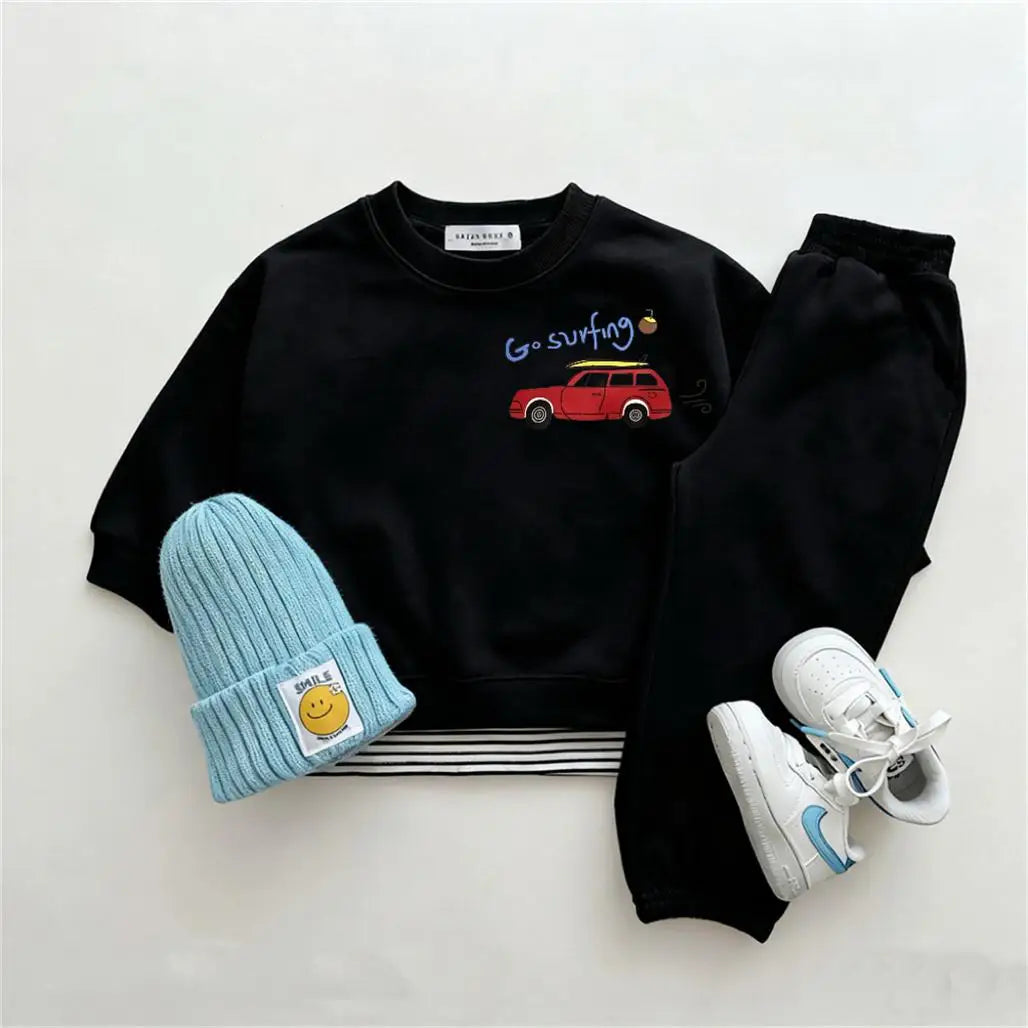 Einfarbige Outfits, einfacher Kapuzenpullover + Hose, zweiteiliges Set für Jungen, trendiges Kostüm, Rundhalspullover, Hosen, langärmelige Anzüge für Kinder