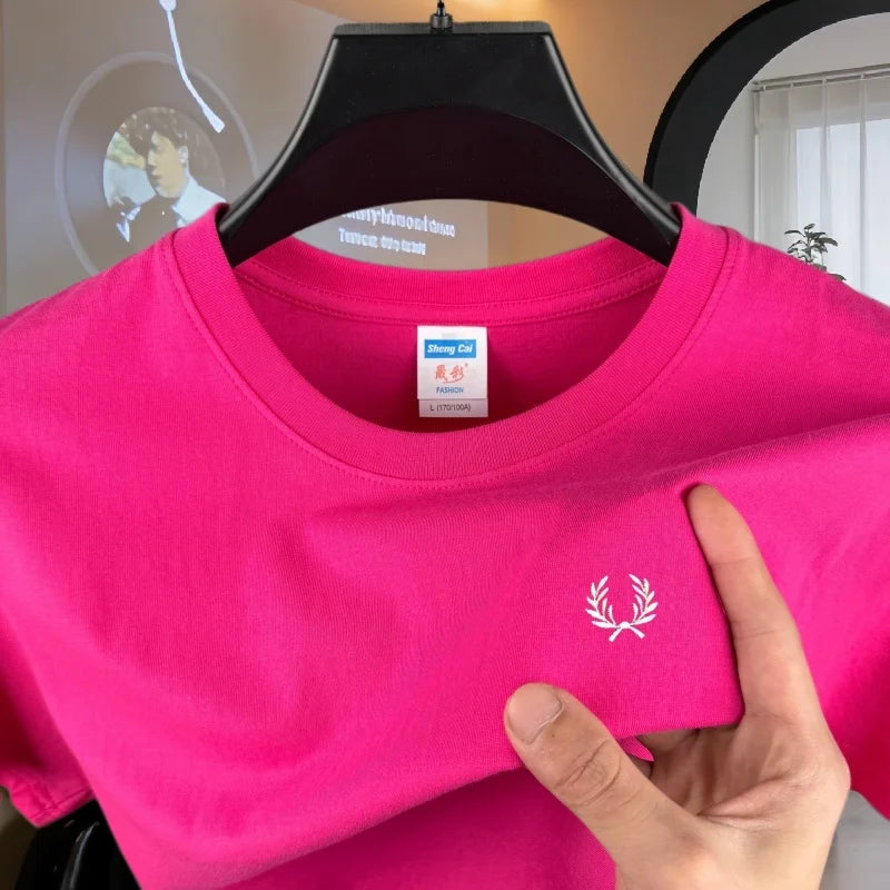 100% reine Baumwolle, hochwertiges Marken-Herren-T-Shirt mit Rundhalsausschnitt und kurzen Ärmeln, Sommermode, luxuriöses Weizen-Stickerei-Design, lässiges T-Shirt